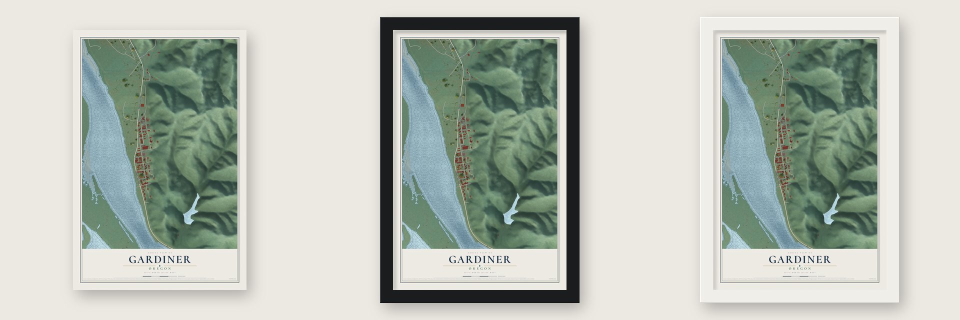 Gardiner, Oregon map unframed, in a black wood frame and in a white wood frame