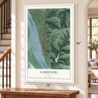 Gardiner, Oregon map, 24 x 36 inch print in a white frame by a staircase