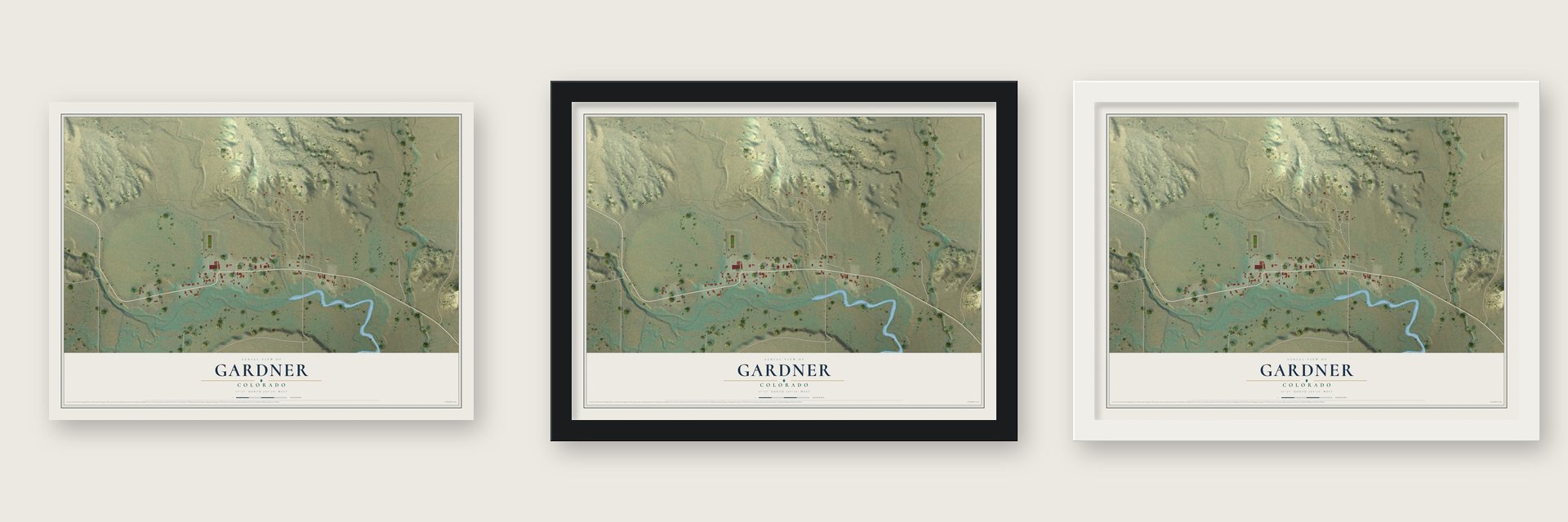 Gardner, Colorado map unframed, in a black wood frame and in a white wood frame