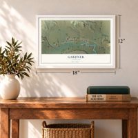 Gardner, Colorado map, 12 x 18 inch print in a white frame in an entryway