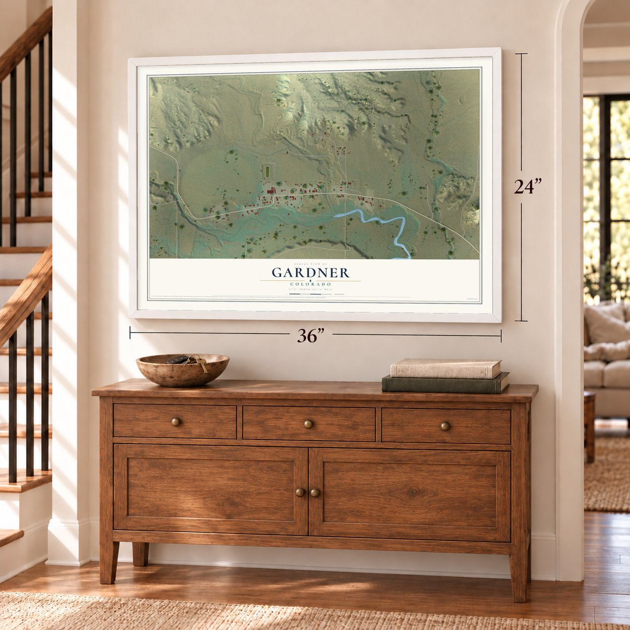 Gardner, Colorado map, 24 x 36 inch print in a white frame above a dresser by a staircase