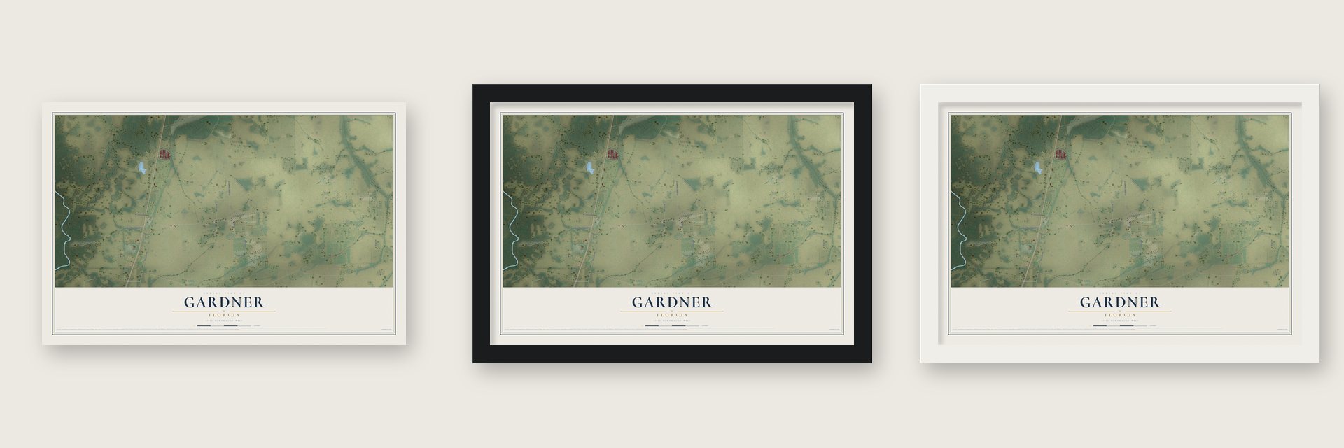 Gardner, Florida map unframed, in a black wood frame and in a white wood frame