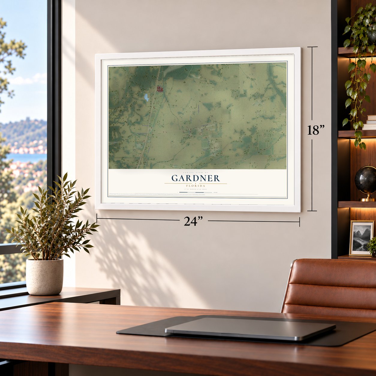 Gardner, Florida map, 18 x 24 inch print in a white frame in a home office