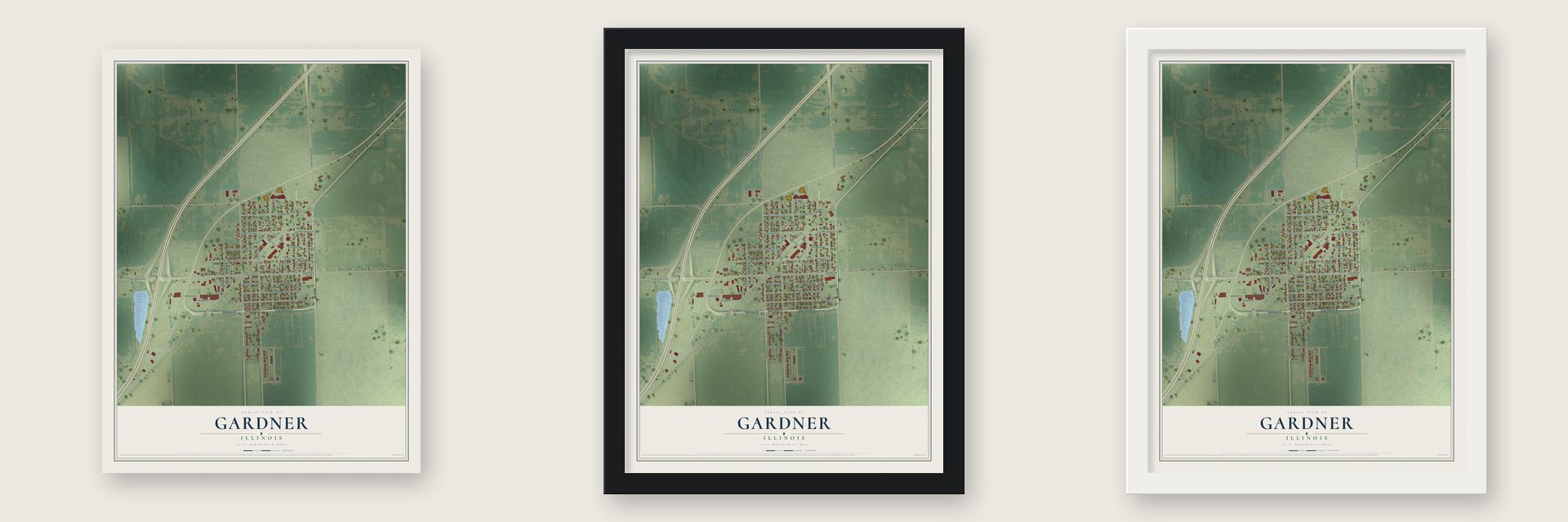 Gardner, Illinois map unframed, in a black wood frame and in a white wood frame