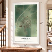 Gardner, Illinois map, 24 x 36 inch print in a white frame by a staircase