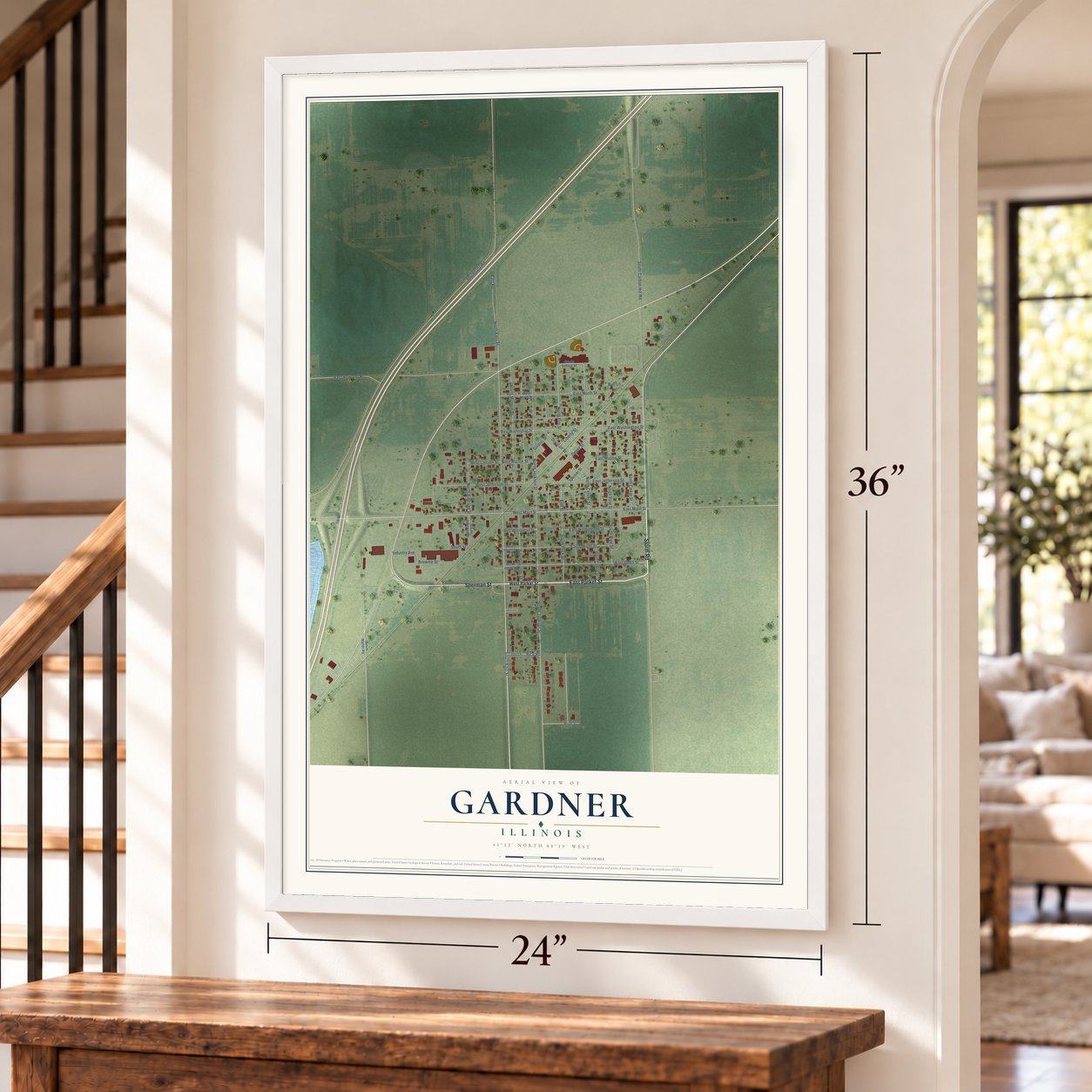 Gardner, Illinois map, 24 x 36 inch print in a white frame by a staircase