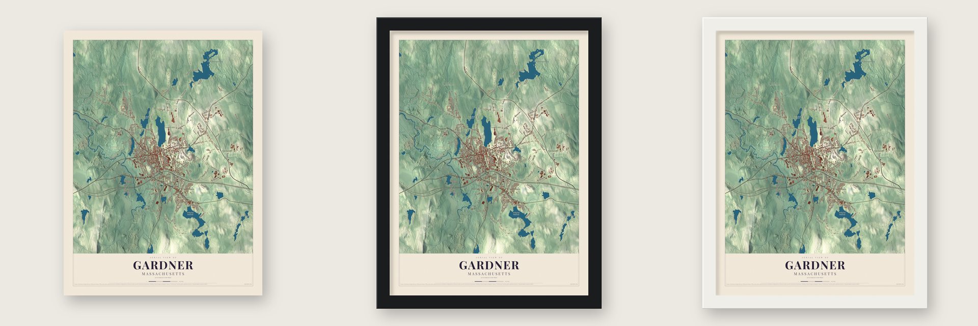 Gardner, Massachusetts map unframed, in a black wood frame and in a white wood frame