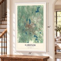 Gardner, Massachusetts map, 24 x 36 inch print in a white frame by a staircase