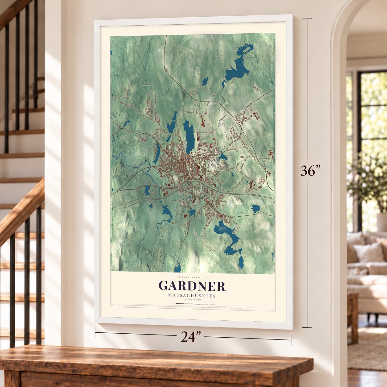 Gardner, Massachusetts map, 24 x 36 inch print in a white frame by a staircase