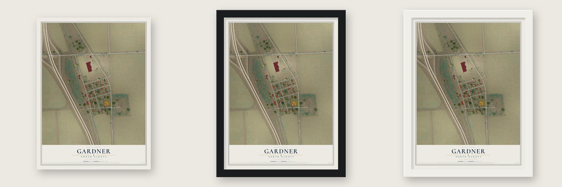 Gardner, North Dakota map unframed, in a black wood frame and in a white wood frame