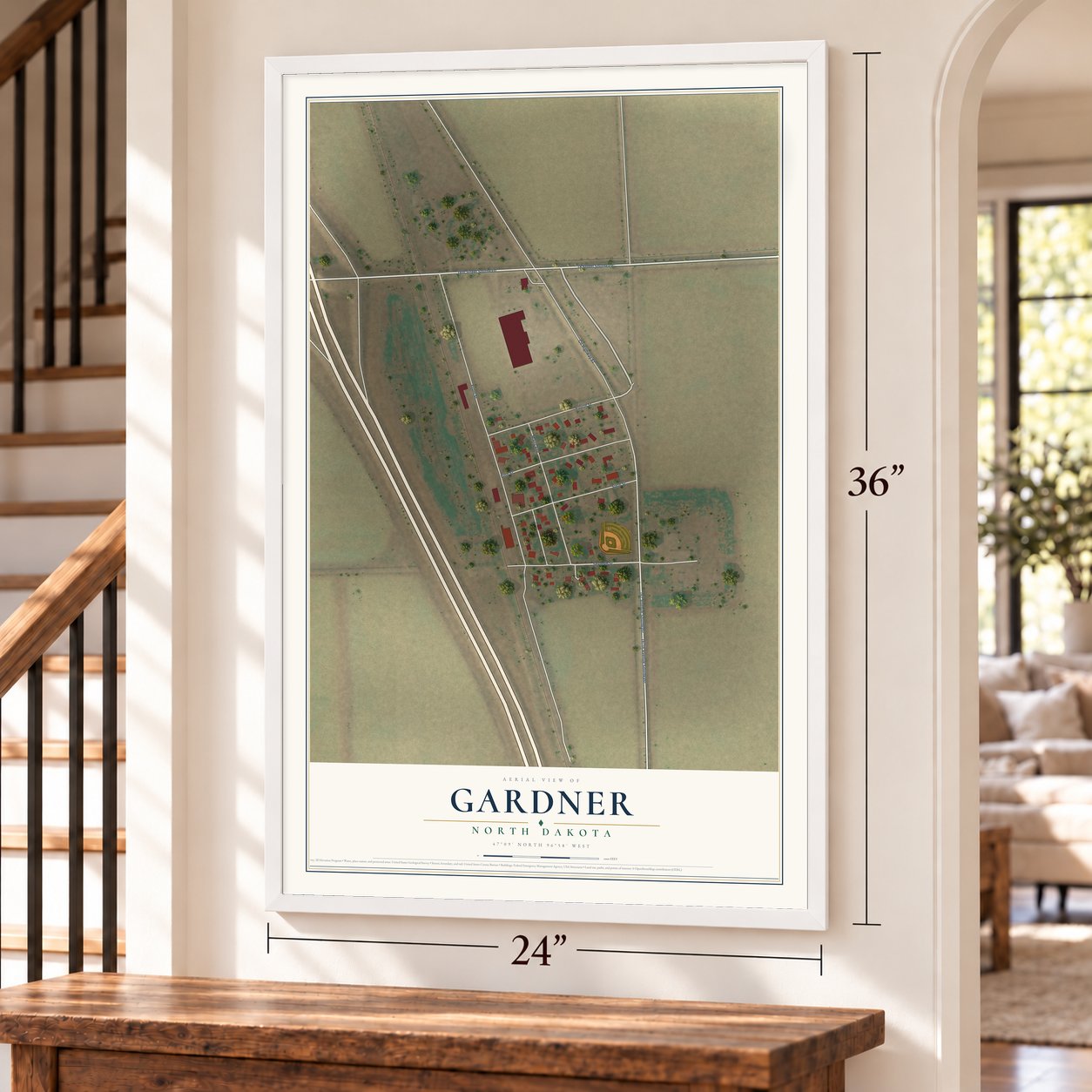 Gardner, North Dakota map, 24 x 36 inch print in a white frame by a staircase