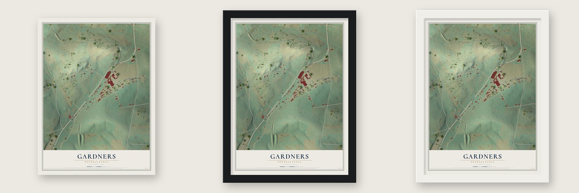 Gardners, Pennsylvania map unframed, in a black wood frame and in a white wood frame