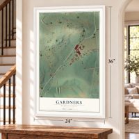 Gardners, Pennsylvania map, 24 x 36 inch print in a white frame by a staircase