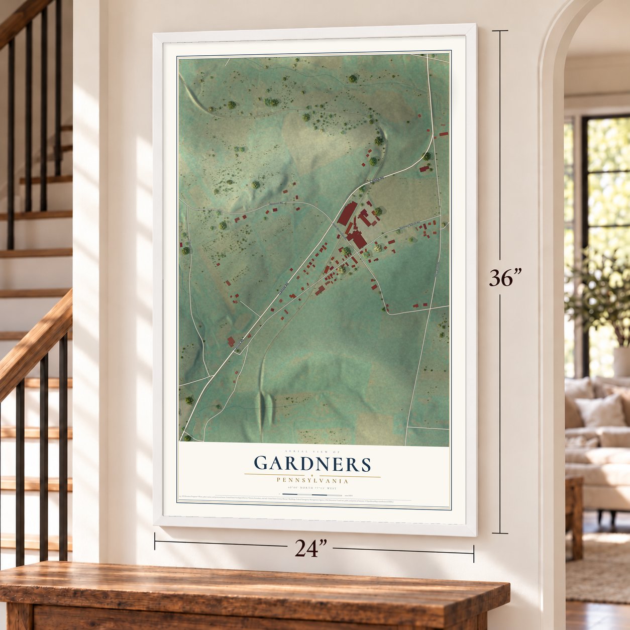Gardners, Pennsylvania map, 24 x 36 inch print in a white frame by a staircase