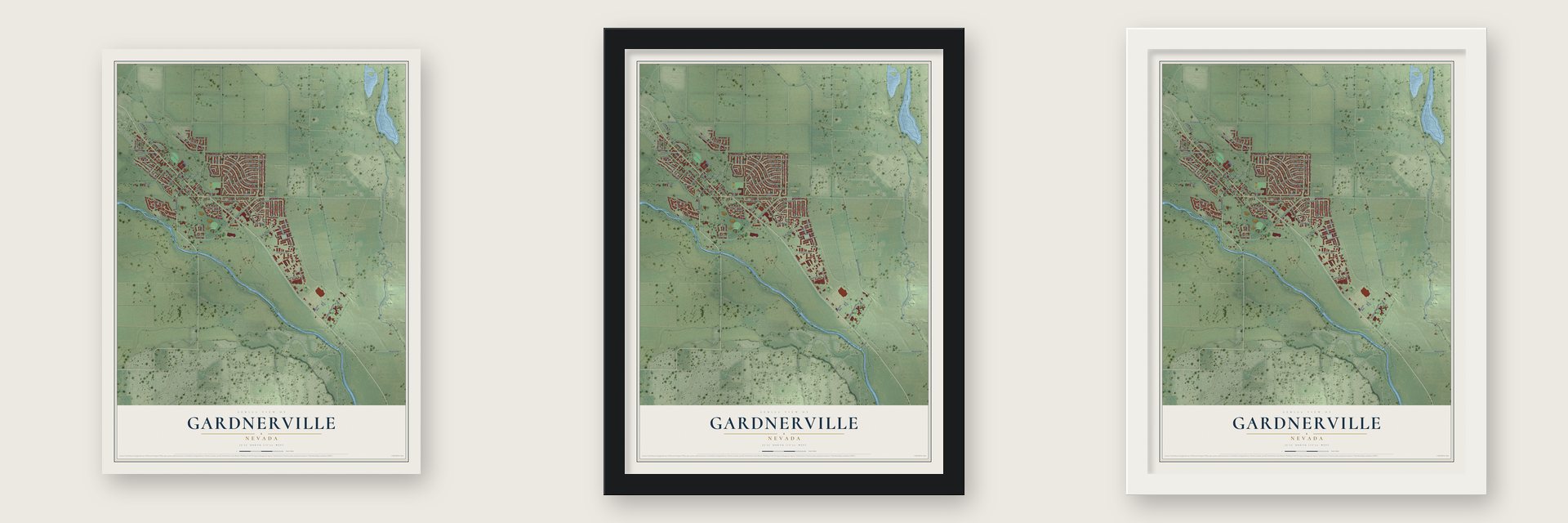 Gardnerville, Nevada map unframed, in a black wood frame and in a white wood frame