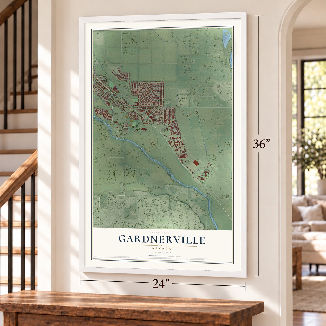 Gardnerville, Nevada map, 24 x 36 inch print in a white frame by a staircase