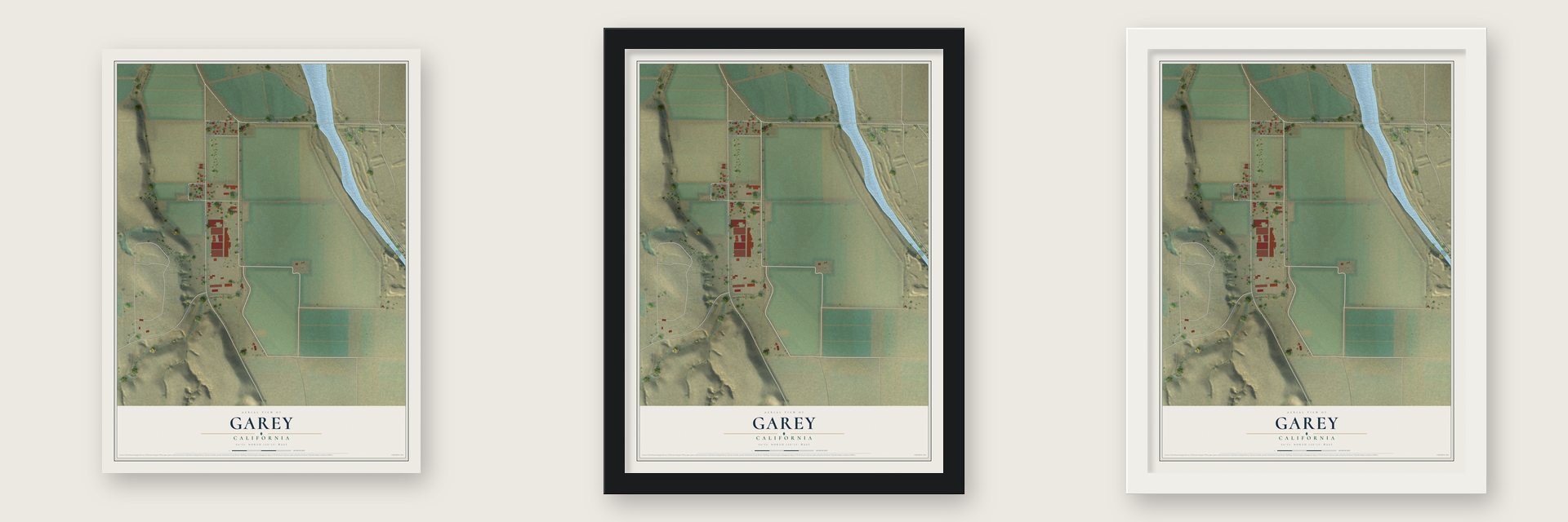 Garey, California map unframed, in a black wood frame and in a white wood frame