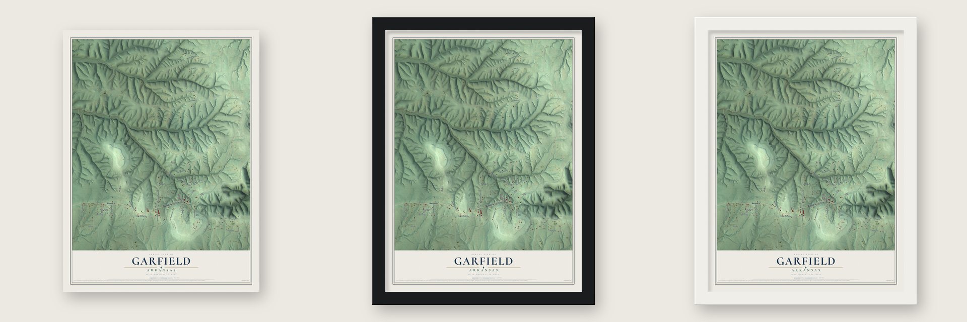 Garfield, Arkansas map unframed, in a black wood frame and in a white wood frame