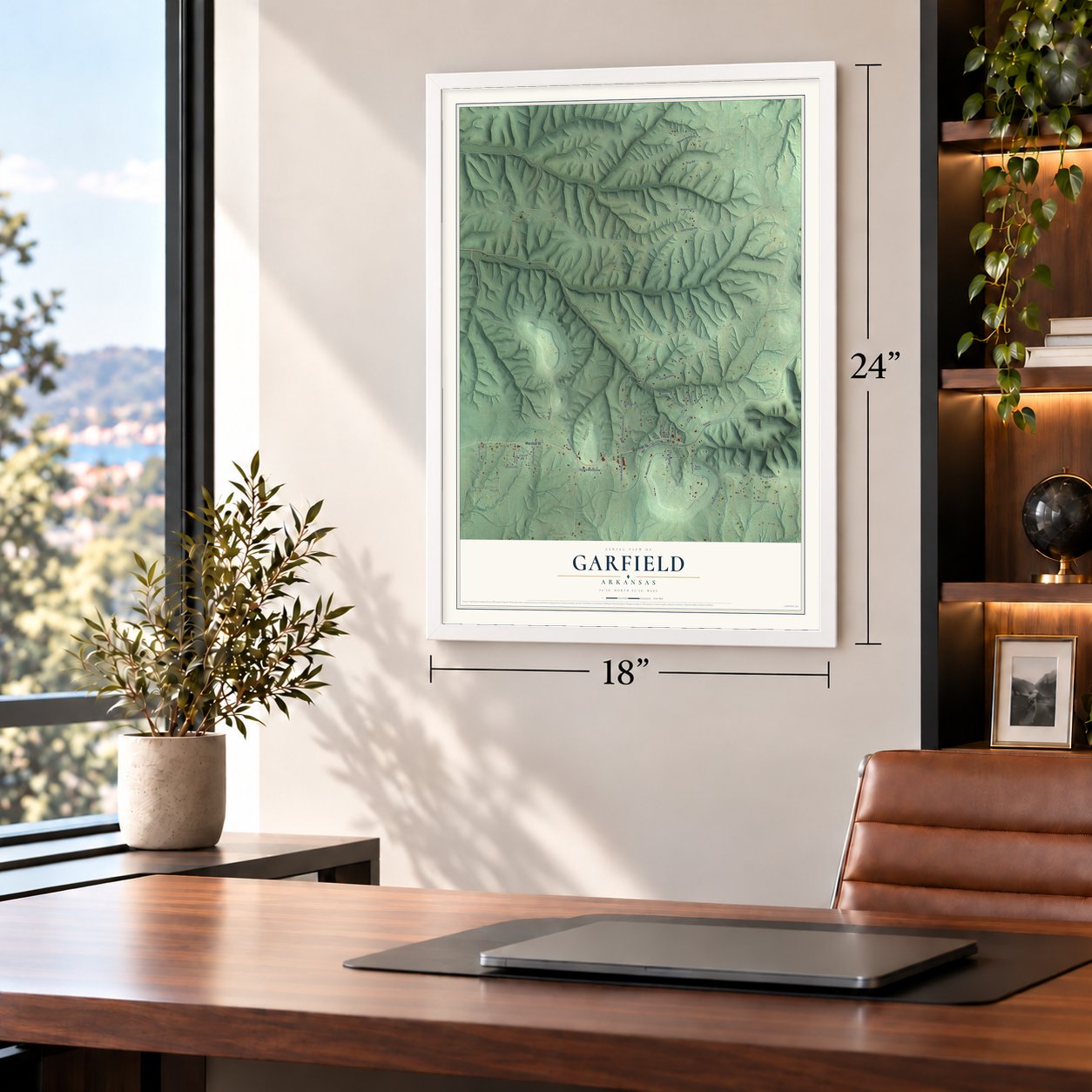 Garfield, Arkansas map, 18 x 24 inch print in a white frame in a home office