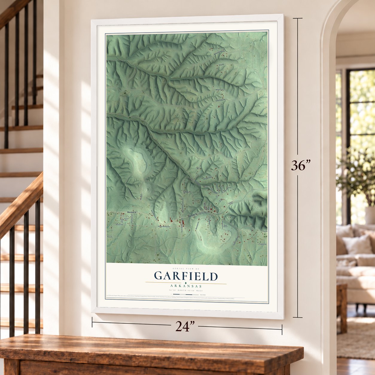 Garfield, Arkansas map, 24 x 36 inch print in a white frame by a staircase