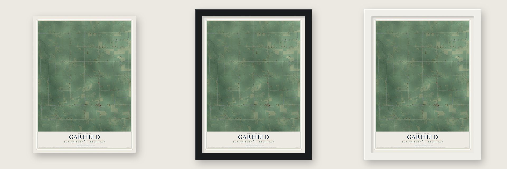 Garfield, Bay County, Michigan map unframed, in a black wood frame and in a white wood frame