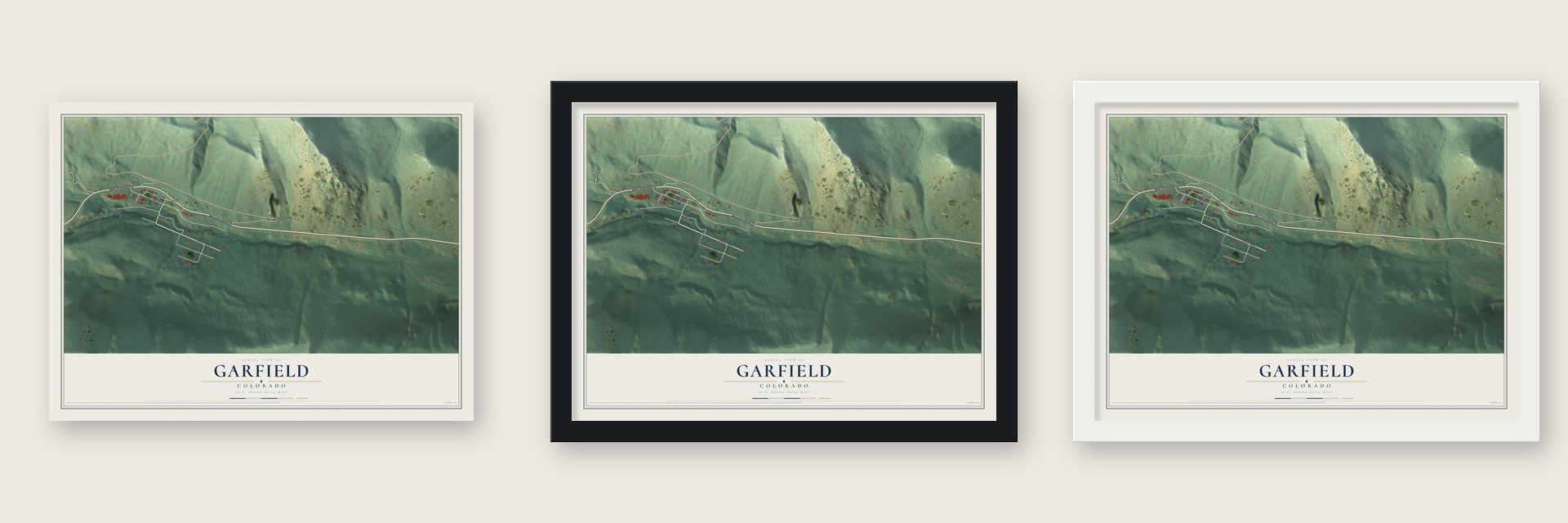 Garfield, Colorado map unframed, in a black wood frame and in a white wood frame