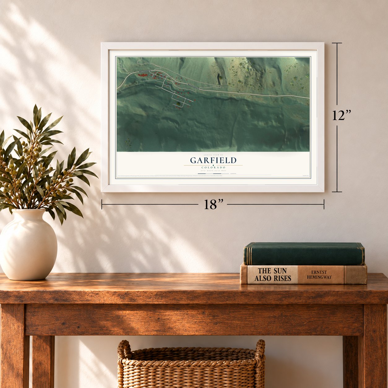 Garfield, Colorado map, 12 x 18 inch print in a white frame in an entryway