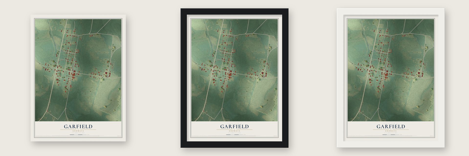 Garfield, Georgia map unframed, in a black wood frame and in a white wood frame