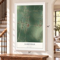 Garfield, Georgia map, 24 x 36 inch print in a white frame by a staircase