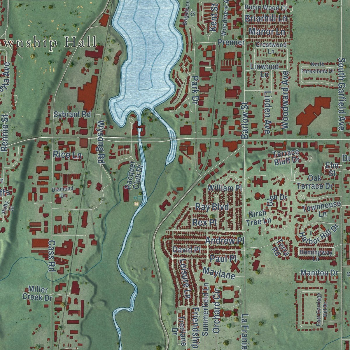 Second close-up of the map of Garfield, Grand Traverse County, Michigan print showing more streets and buildings
