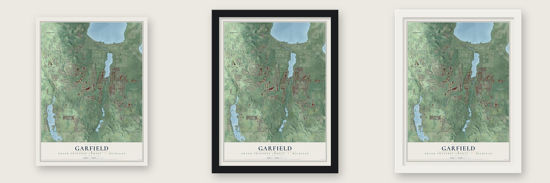 Garfield, Grand Traverse County, Michigan map unframed, in a black wood frame and in a white wood frame