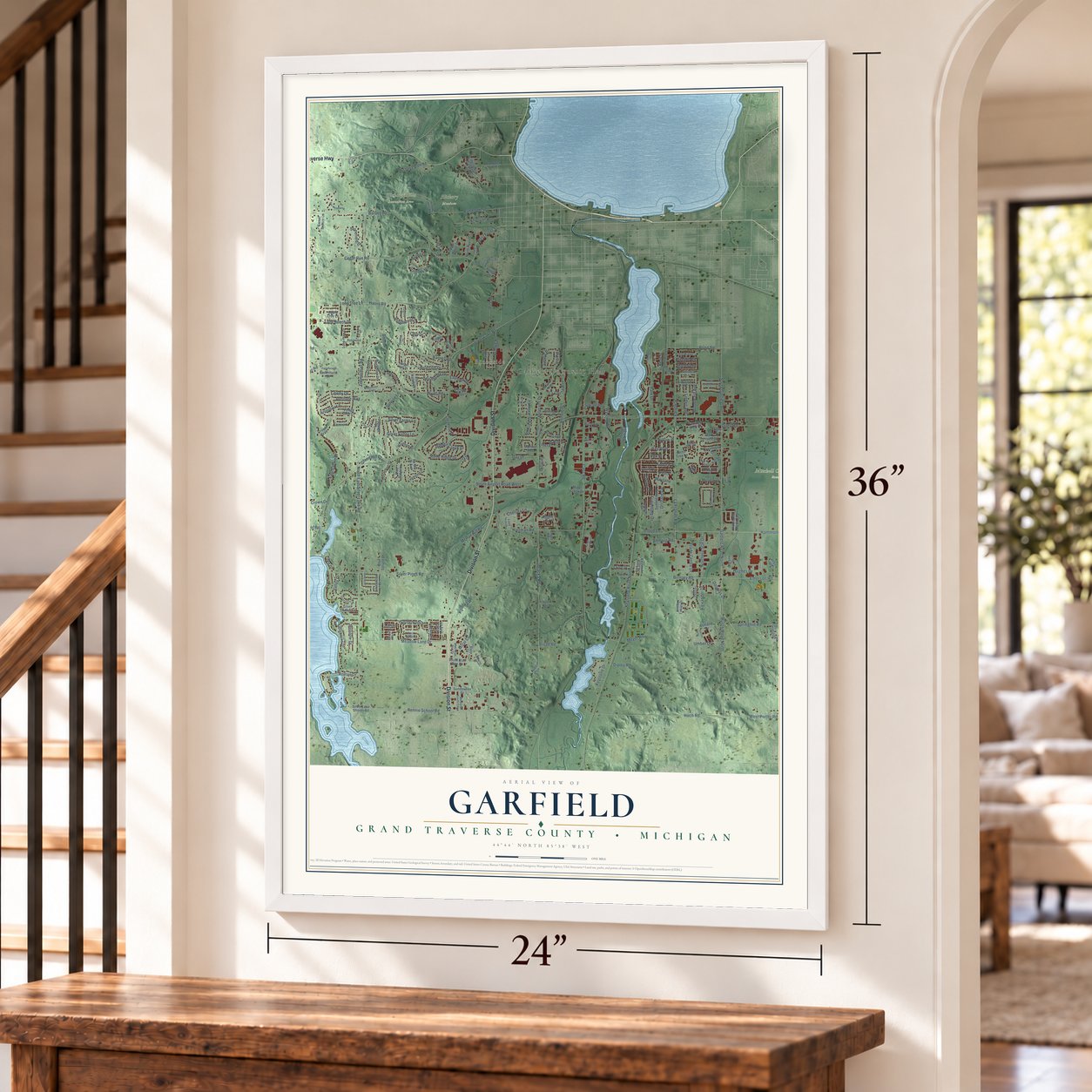 Garfield, Grand Traverse County, Michigan map, 24 x 36 inch print in a white frame by a staircase