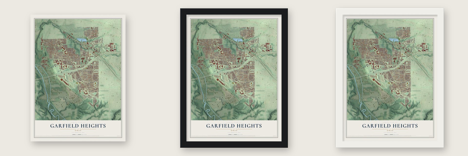 Garfield Heights, Ohio map unframed, in a black wood frame and in a white wood frame