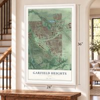 Garfield Heights, Ohio map, 24 x 36 inch print in a white frame by a staircase