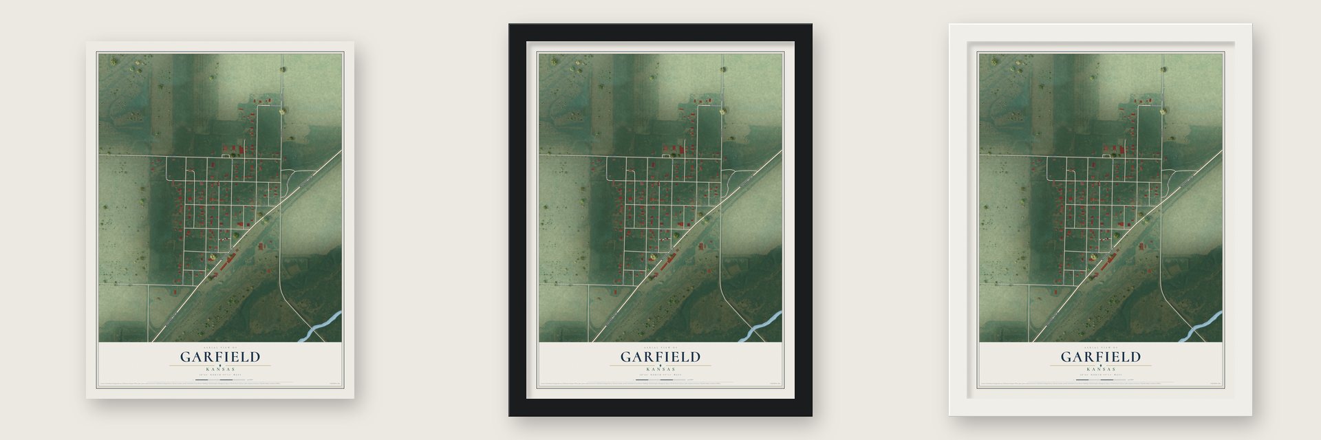 Garfield, Kansas map unframed, in a black wood frame and in a white wood frame