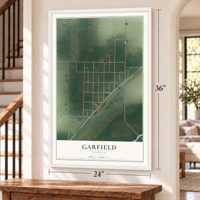 Garfield, Kansas map, 24 x 36 inch print in a white frame by a staircase