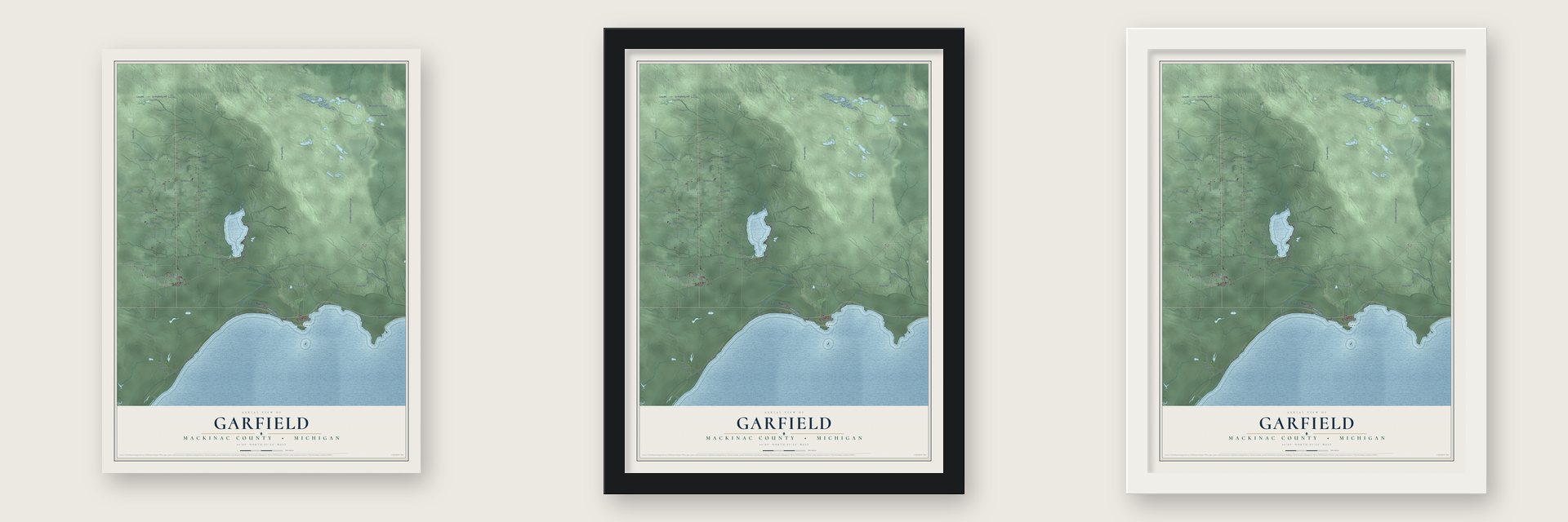 Garfield, Mackinac County, Michigan map unframed, in a black wood frame and in a white wood frame