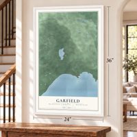 Garfield, Mackinac County, Michigan map, 24 x 36 inch print in a white frame by a staircase