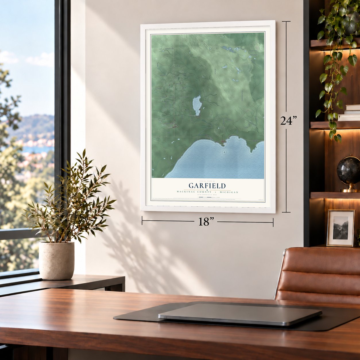 Garfield, Mackinac County, Michigan map, 18 x 24 inch print in a white frame in a home office