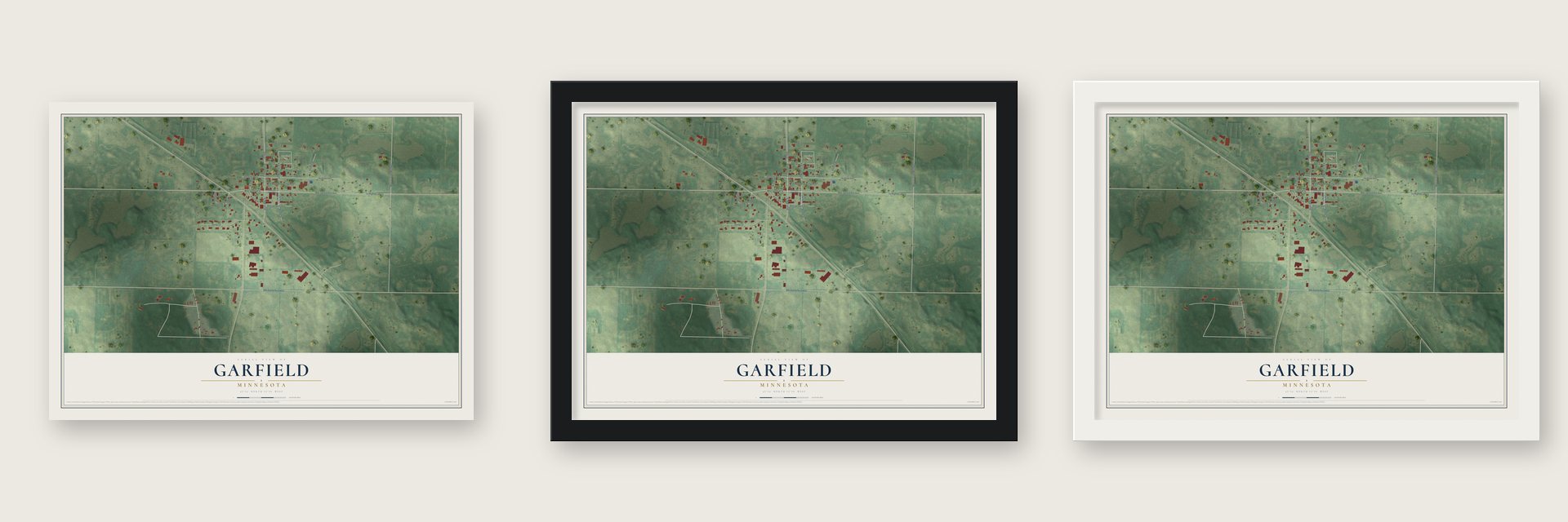 Garfield, Minnesota map unframed, in a black wood frame and in a white wood frame
