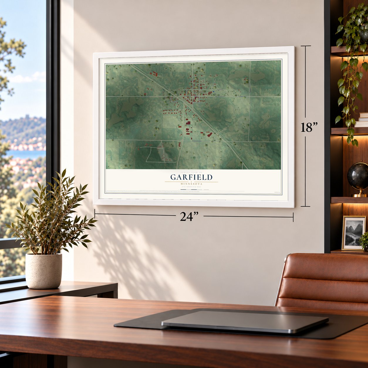 Garfield, Minnesota map, 18 x 24 inch print in a white frame in a home office
