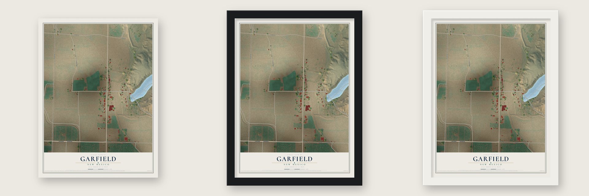 Garfield, New Mexico map unframed, in a black wood frame and in a white wood frame