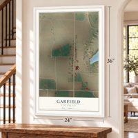Garfield, New Mexico map, 24 x 36 inch print in a white frame by a staircase