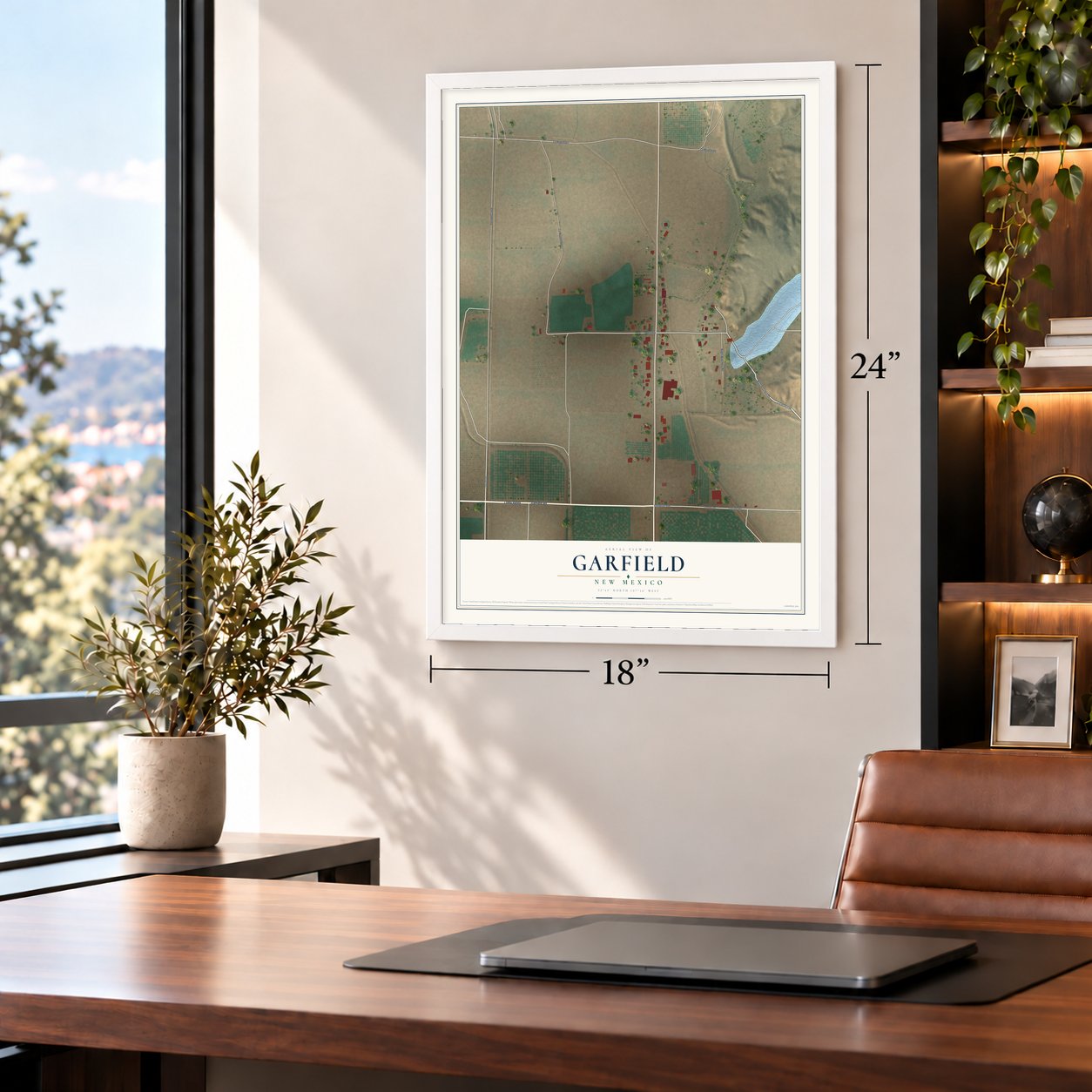 Garfield, New Mexico map, 18 x 24 inch print in a white frame in a home office