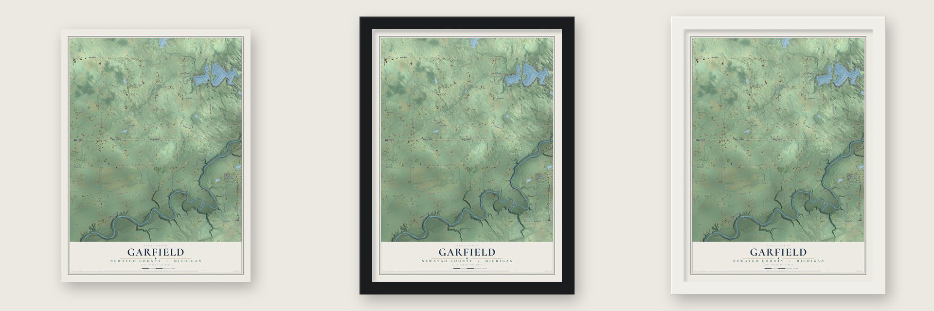 Garfield, Newaygo County, Michigan map unframed, in a black wood frame and in a white wood frame