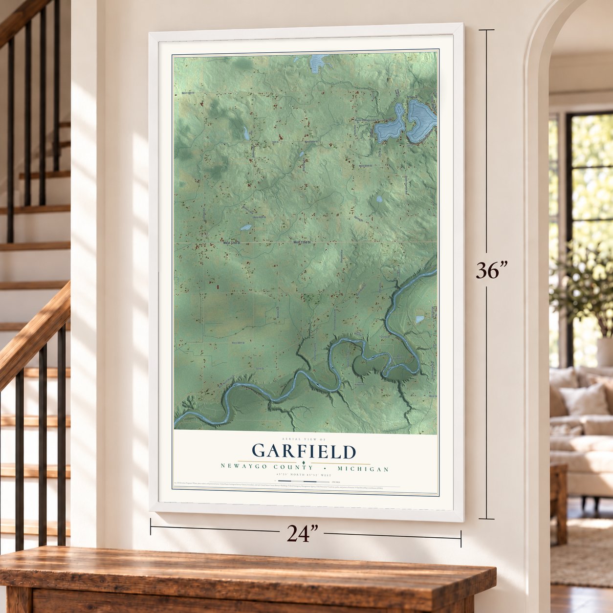 Garfield, Newaygo County, Michigan map, 24 x 36 inch print in a white frame by a staircase