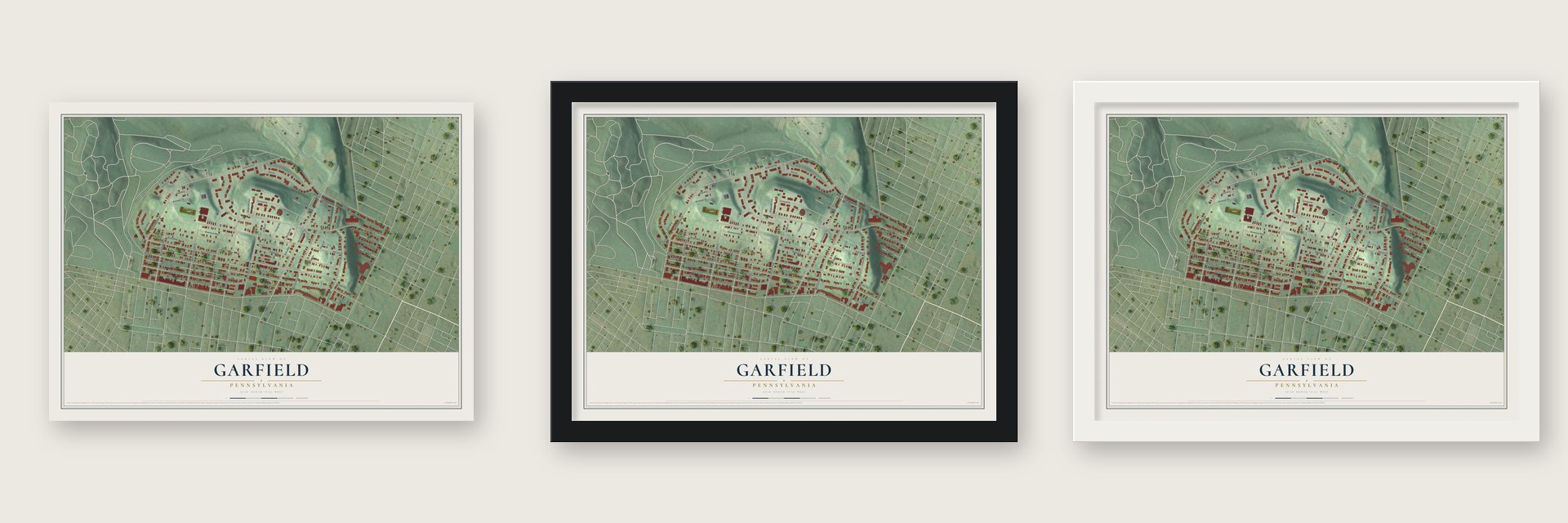 Garfield, Pennsylvania map unframed, in a black wood frame and in a white wood frame