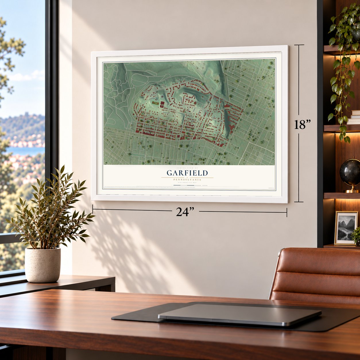 Garfield, Pennsylvania map, 18 x 24 inch print in a white frame in a home office