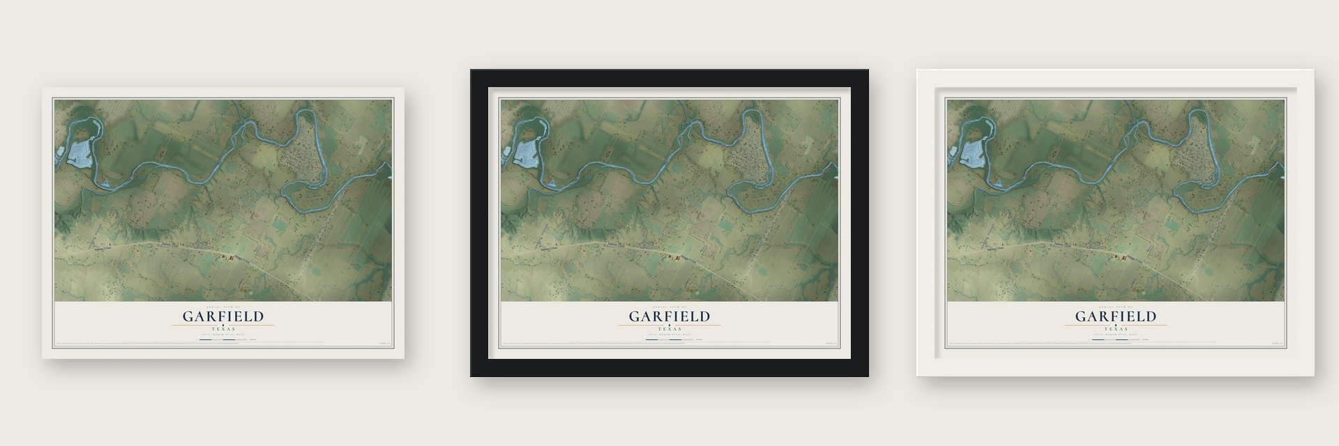 Garfield, Texas map unframed, in a black wood frame and in a white wood frame