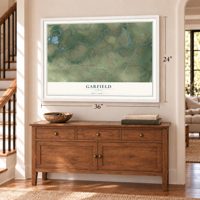 Garfield, Texas map, 24 x 36 inch print in a white frame above a dresser by a staircase